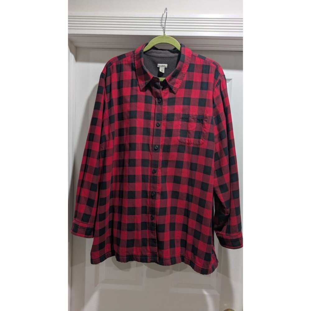 LL Bean Womens Flannel Fleece Lined Shirt 2X Red Black Buffalo Plaid Shacket